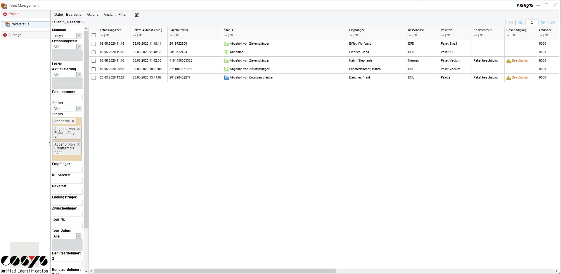 Paketshop COSYS WebDesk Estado del envío Paketshop COSYS WebDesk Estado del envío