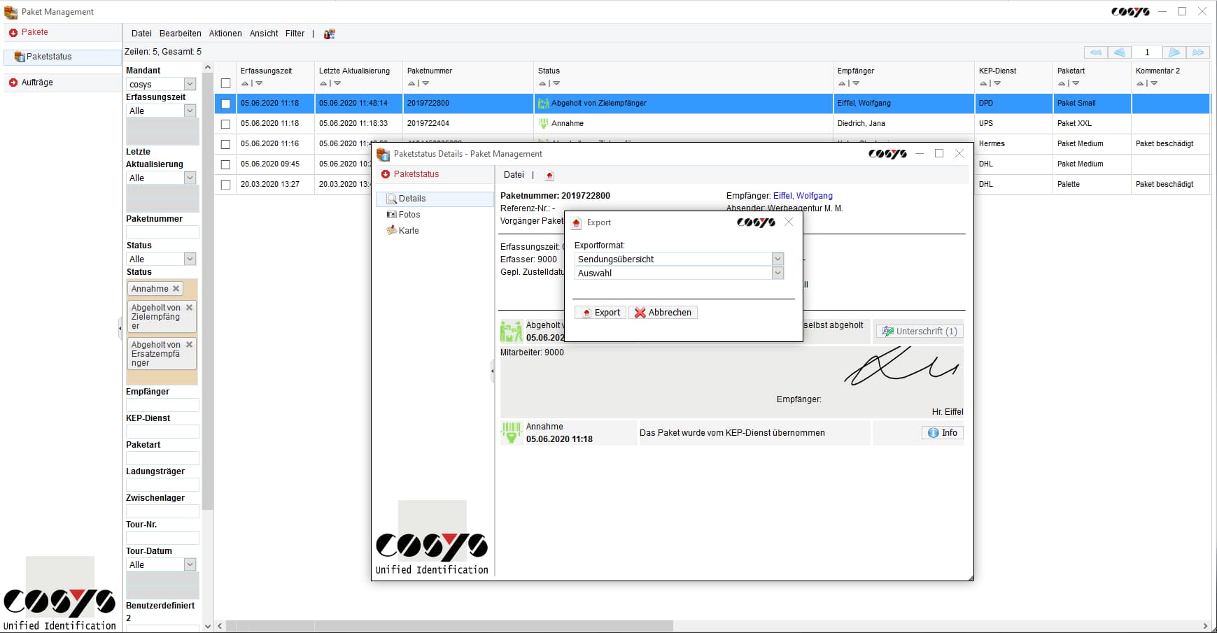 Estado del envío COSYS Paket Management Estado del envío COSYS Paket Management