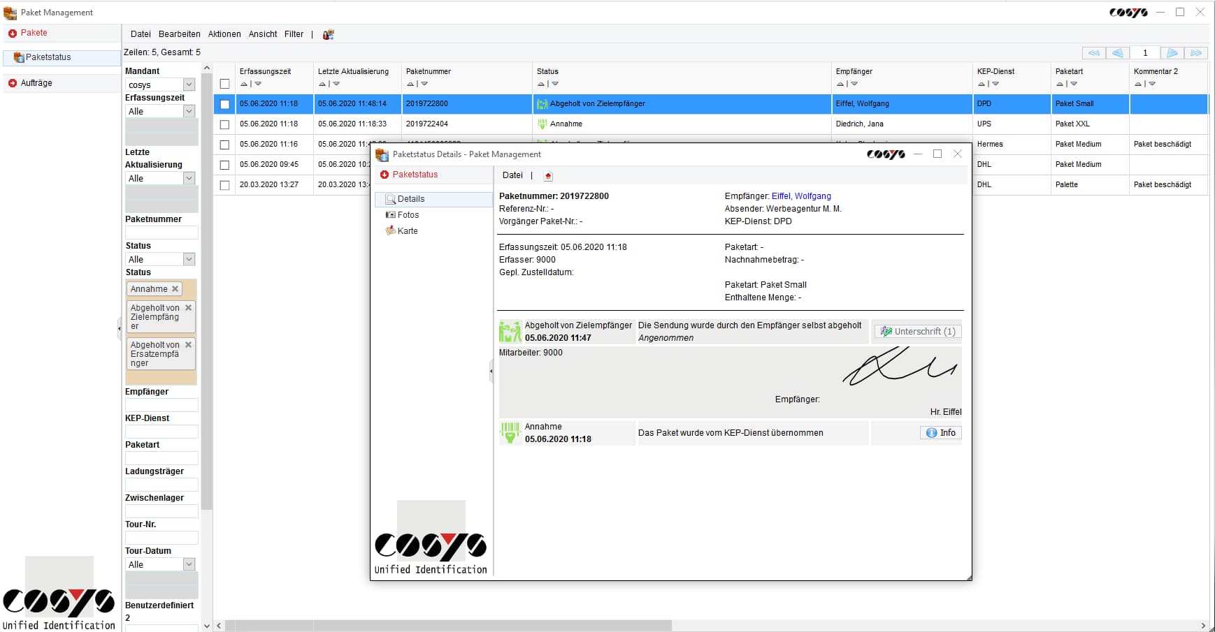 Estado del envío COSYS Paket Management Estado del envío COSYS Paket Management