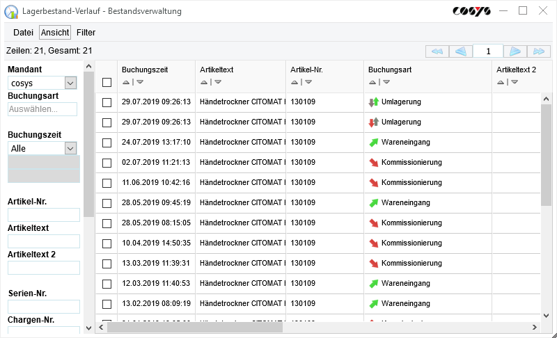 Gestión de existencias Historial de existencias